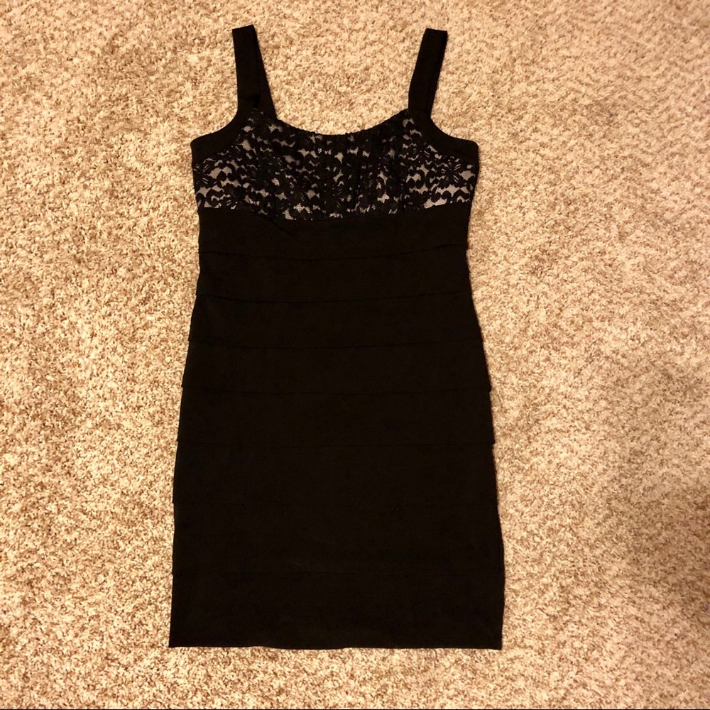 Black lace top body con cocktail dress size 14